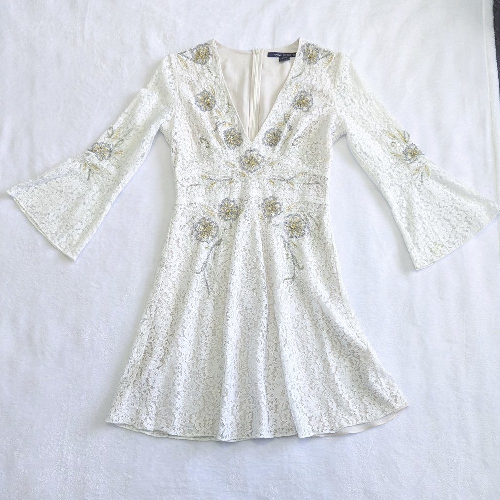 French Connection Esme Shimmer Beaded Lace Dress In Ivory, Size 4
